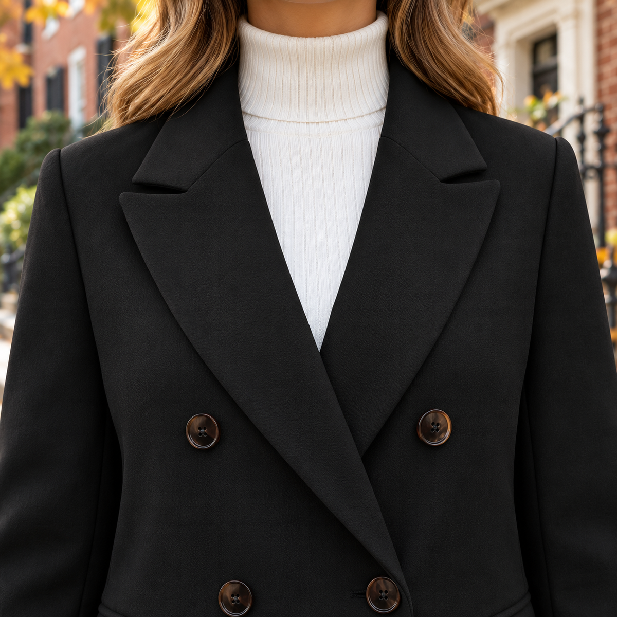 Close-up of the overcoat showing the collar and fabric texture.