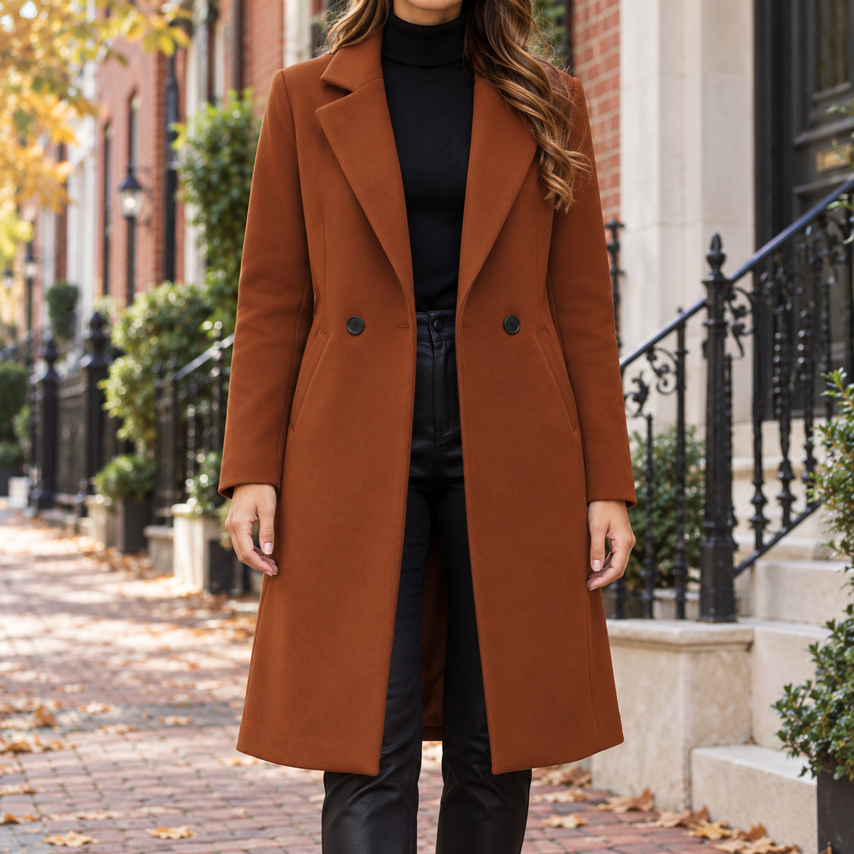 Rust overcoats worn on a Washington DC street.