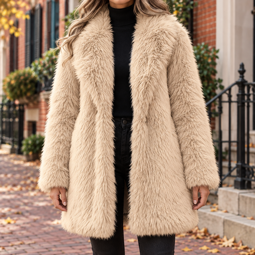 Beige faux fur coat worn on a Washington DC street.