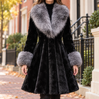 Black faux fur coat worn on a Washington DC street.