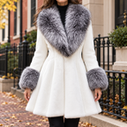 White faux fur coat worn on a Washington DC street.