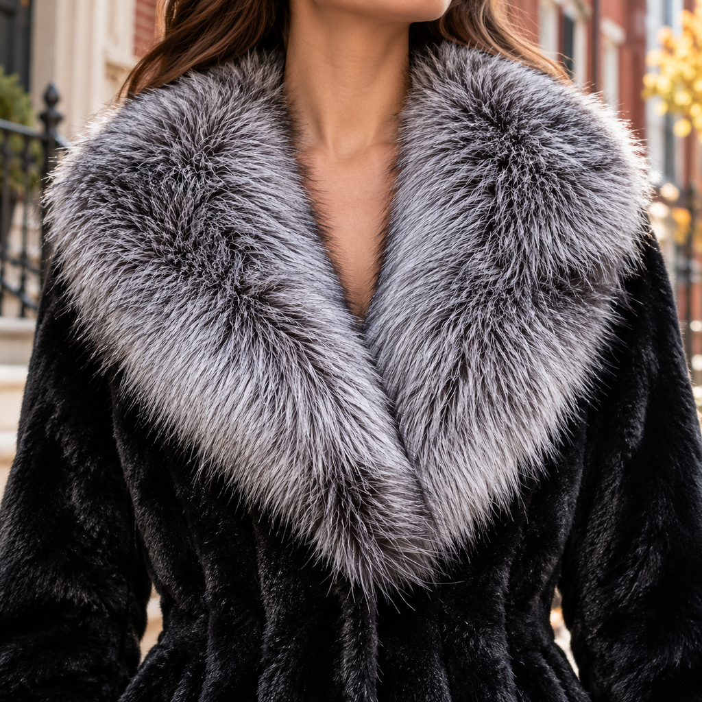 Close-up of the faux fur coat showing the collar and fabric texture.