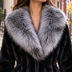 Close-up of the faux fur coat showing the collar and fabric texture.
