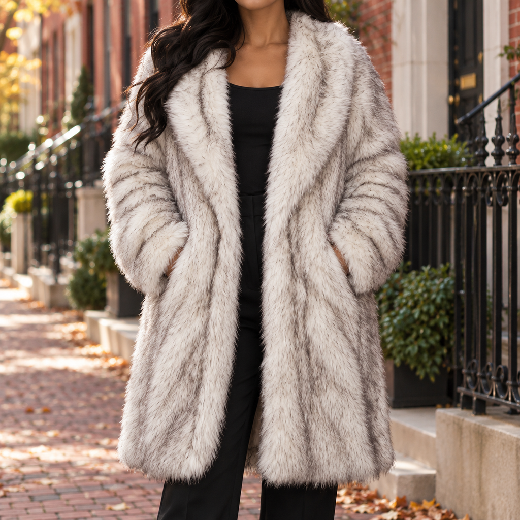 Multicolor faux fur coat worn on a Washington DC street.