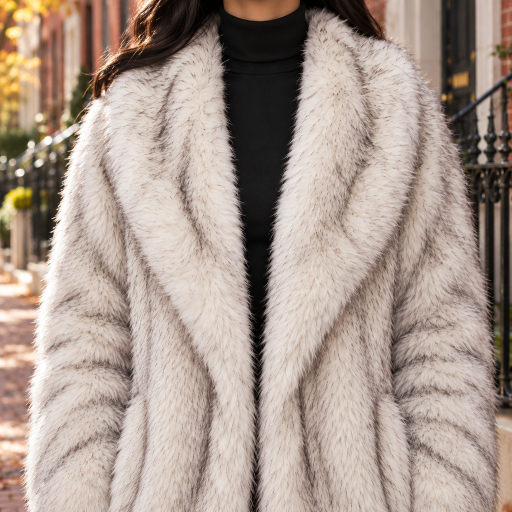 Close-up of the faux fur coat showing the collar and plush textile texture.