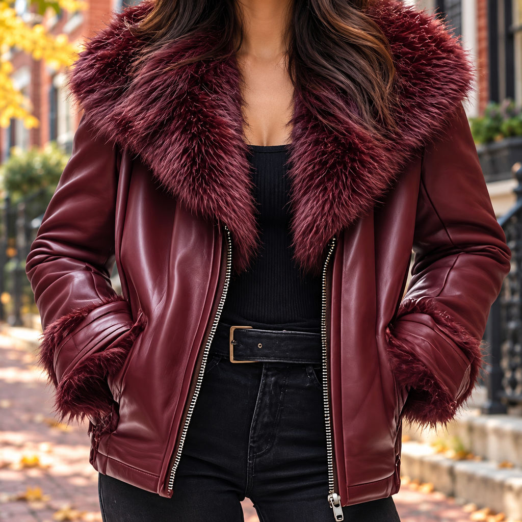 Close-up of the womens jacket collar, fabric and fastening.