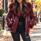 Burgundy womens jacket worn on a Washington DC street.