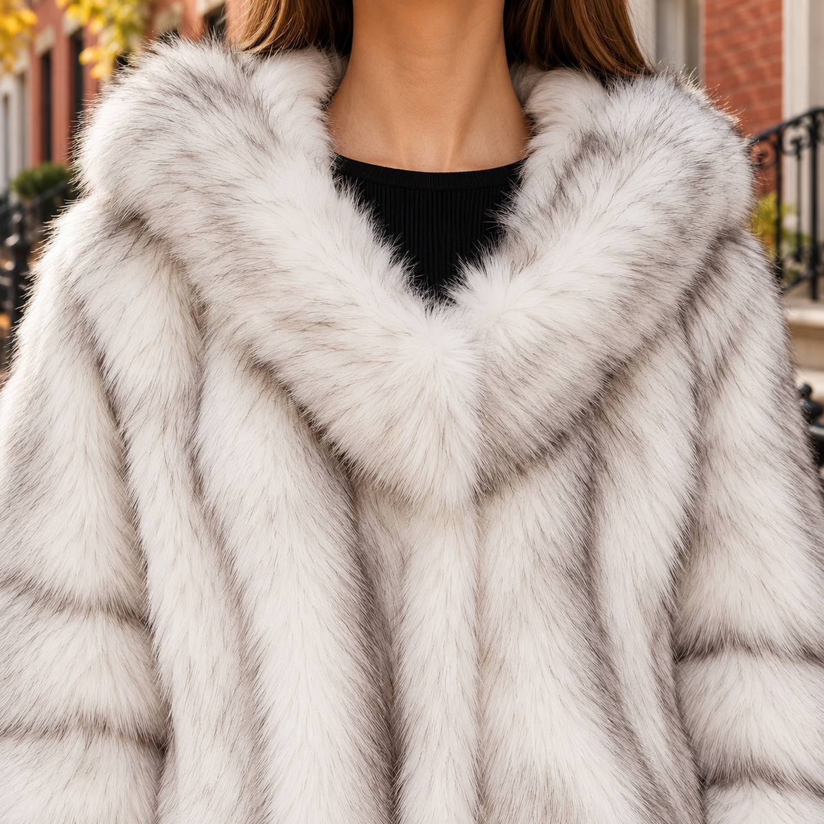 Close-up of the faux fur jacket showing the collar and fabric texture.