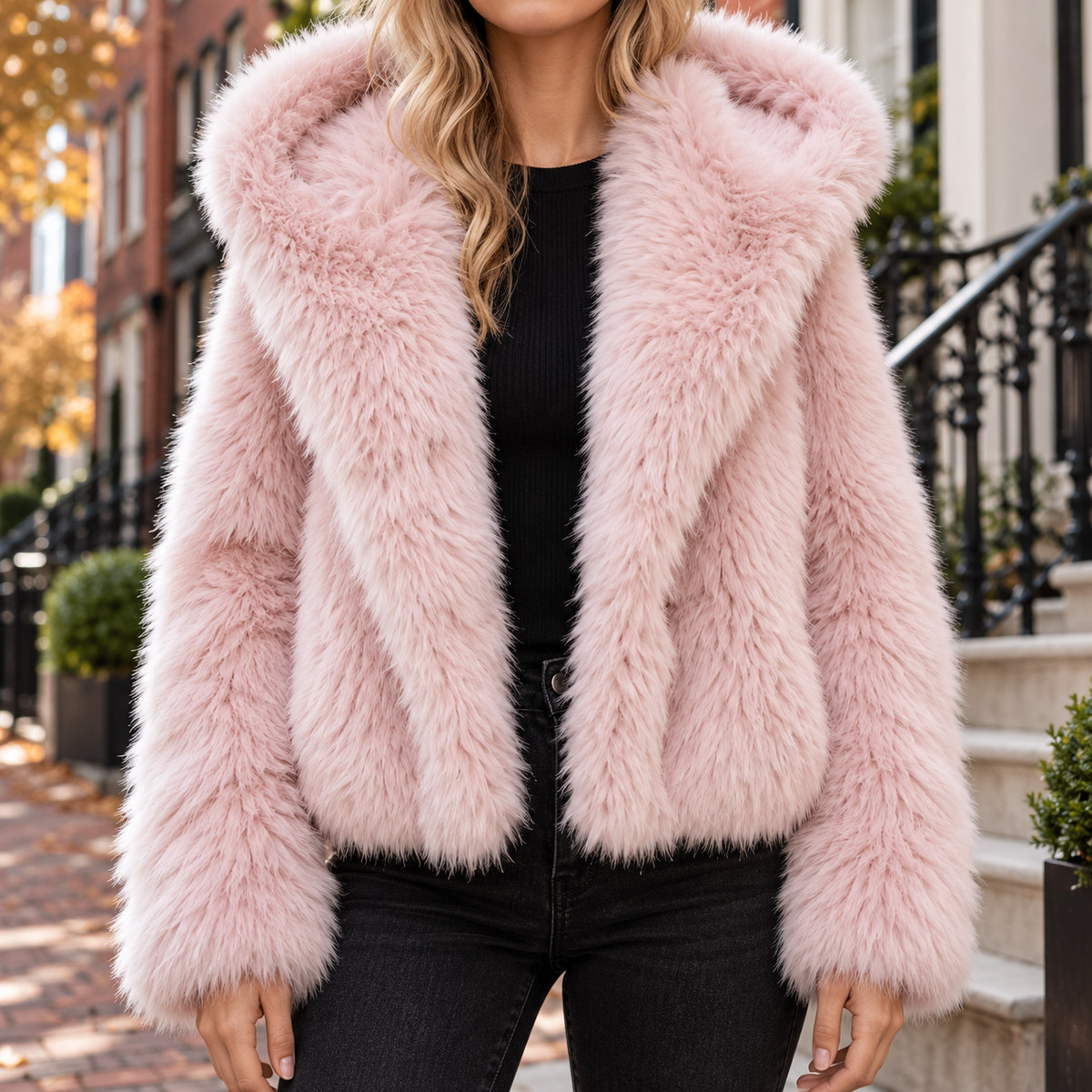 Pink faux fur jacket worn on a Washington DC street.
