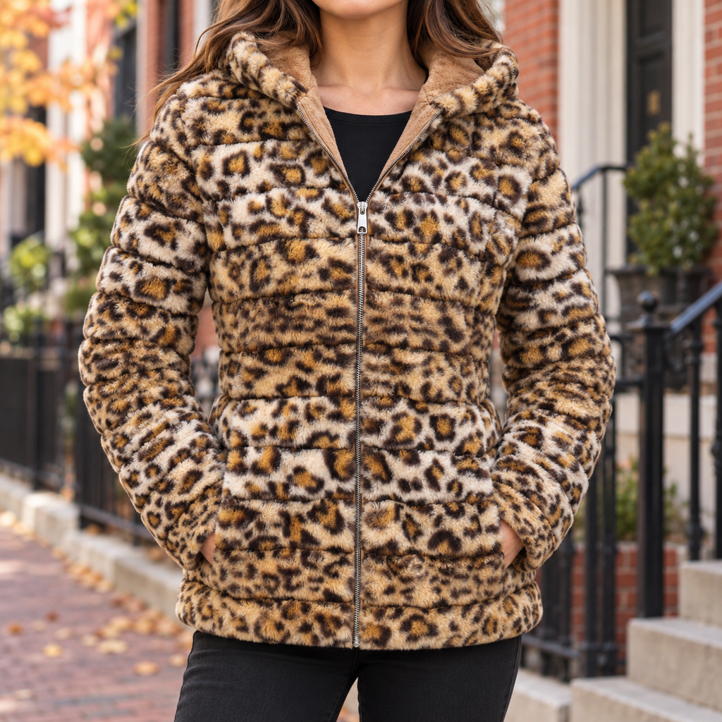 Brown leopard print faux fur jacket worn on a Washington DC street.