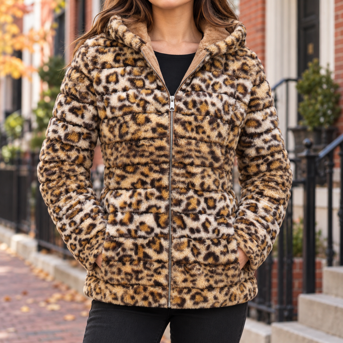 Brown leopard print faux fur jacket worn on a Washington DC street.