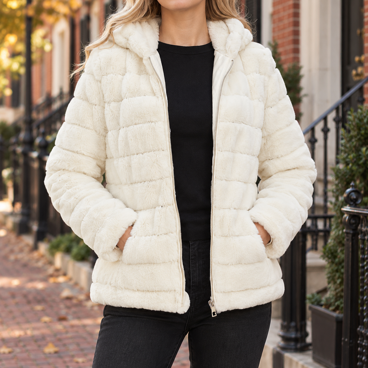 White faux fur jacket worn on a Washington DC street.