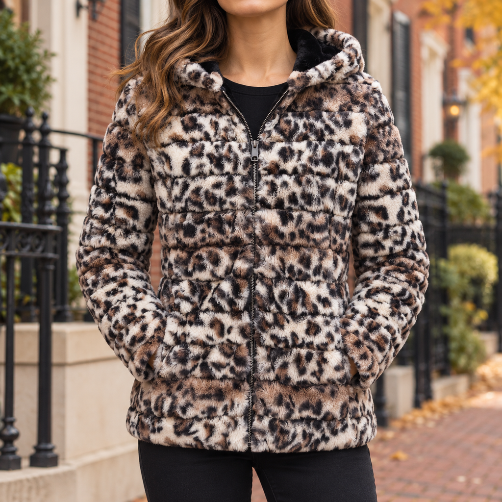 White and dark leopard print faux fur jacket worn on a Washington DC street.