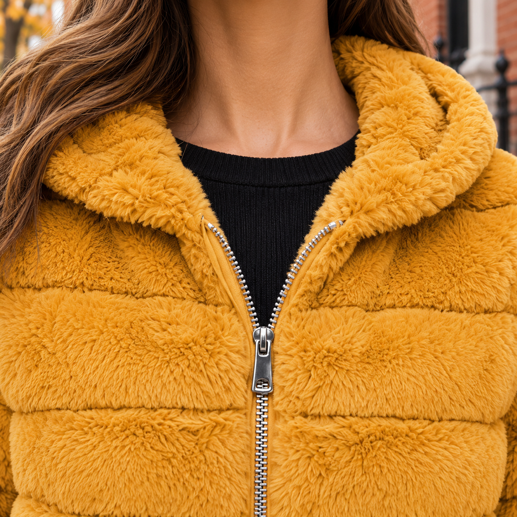 Close-up of the faux fur jacket showing the collar and plush textile texture.