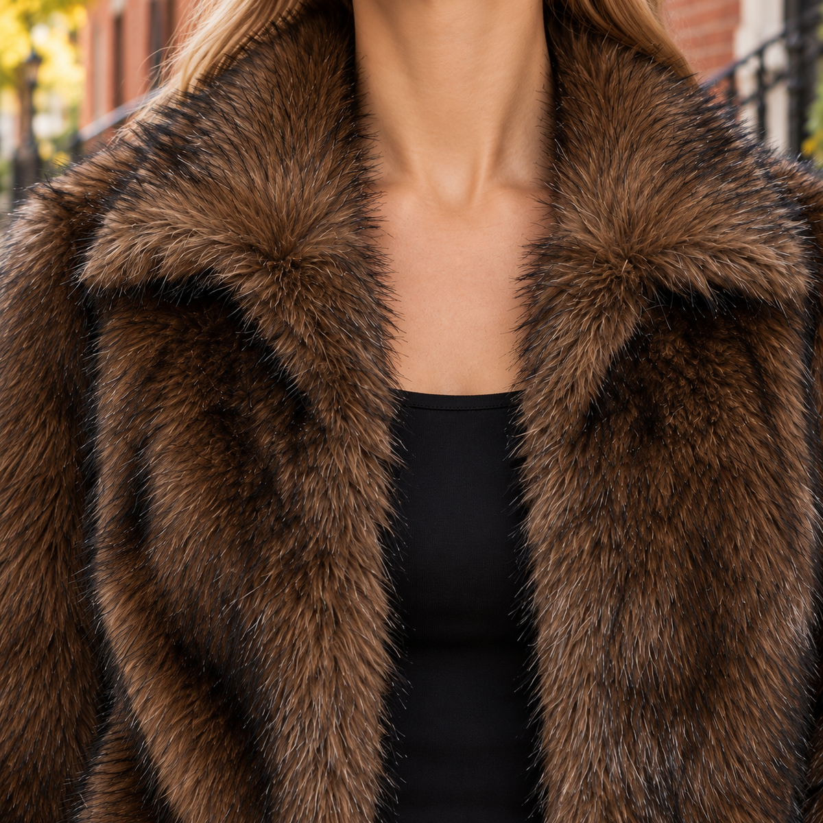 Close-up of the faux fur jacket showing the collar and plush textile texture.