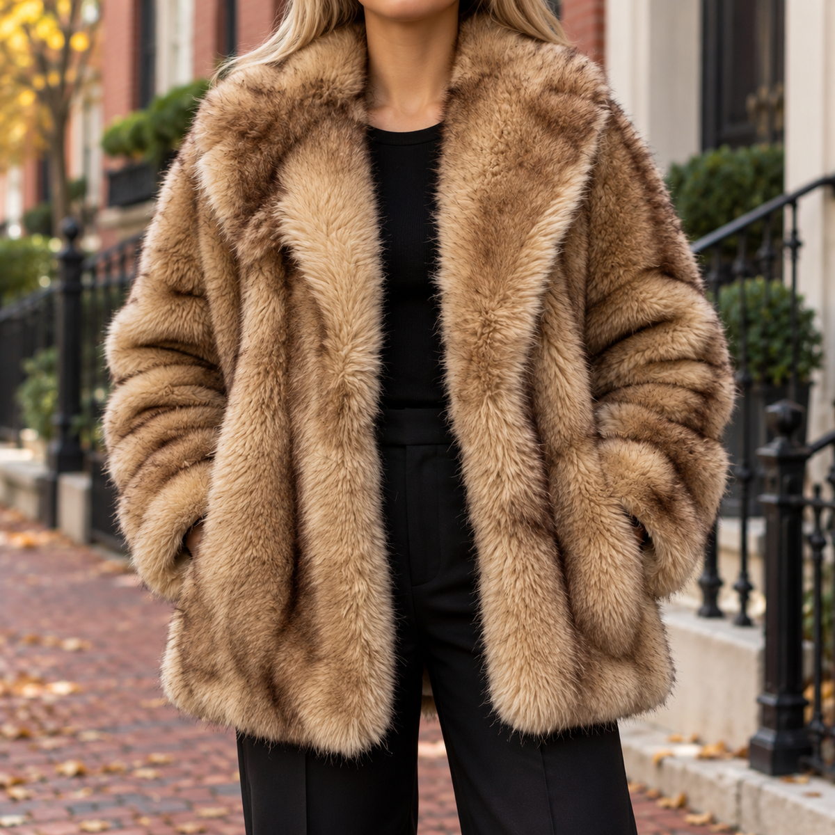 Brown faux fur jacket worn on a Washington DC street.