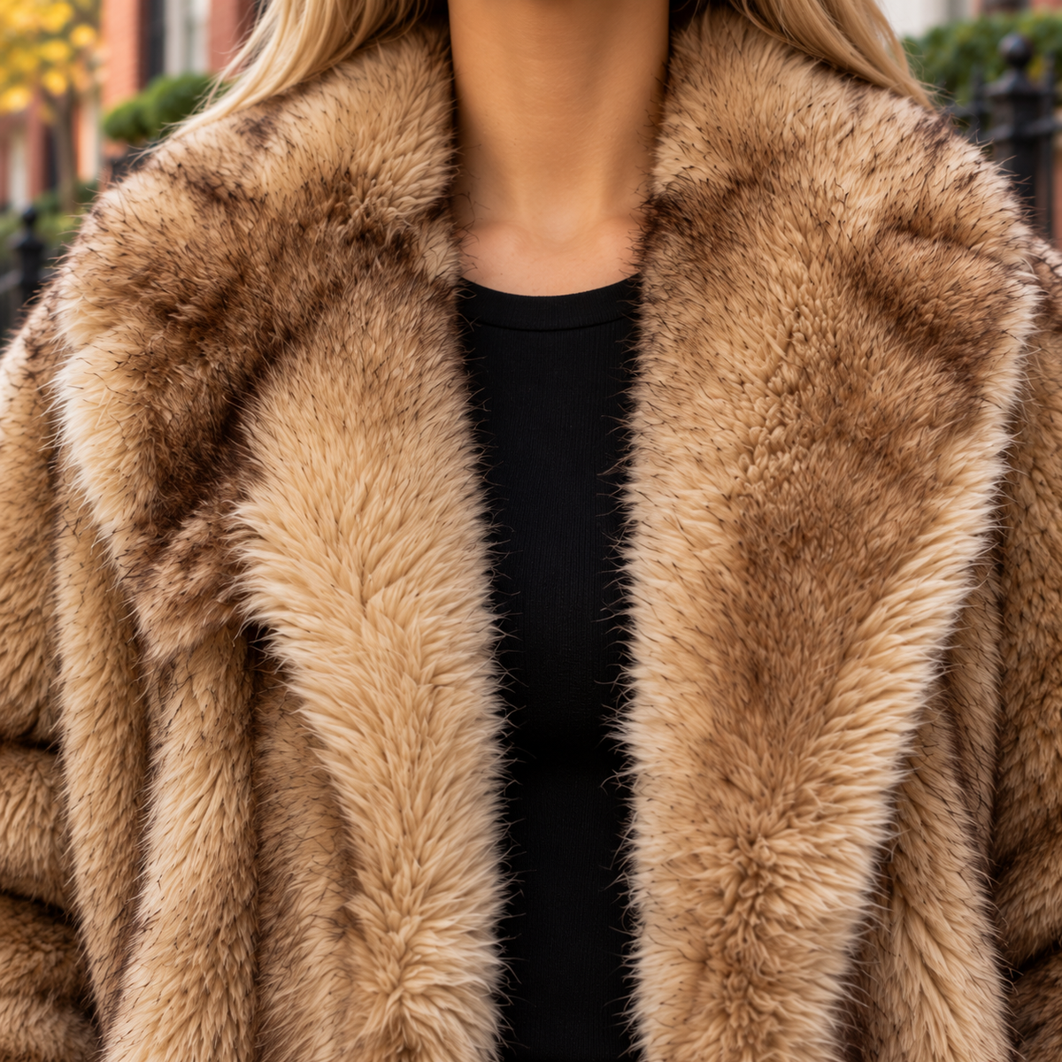 Close-up of the faux fur jacket showing the collar and plush textile texture.