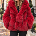 Red faux fur jacket worn on a Washington DC street.