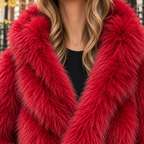Close-up of the faux fur jacket showing the collar and plush textile texture.
