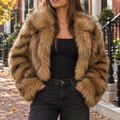 Brown faux fur jacket worn on a Washington DC street.