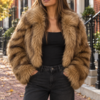 Brown faux fur jacket worn on a Washington DC street.