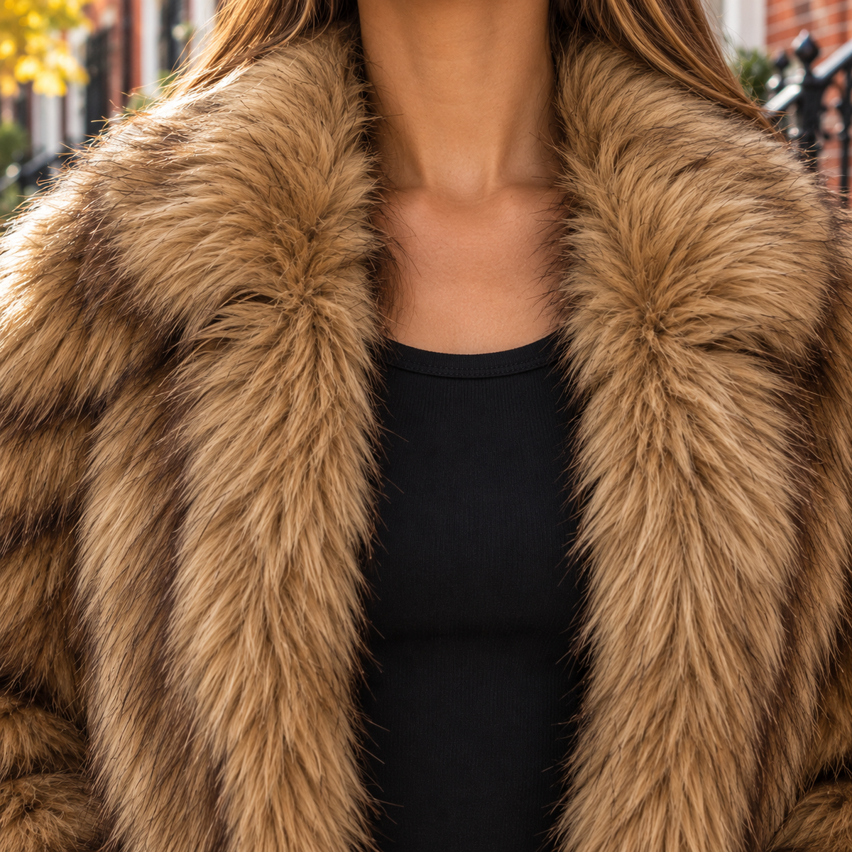 Close-up of the faux fur jacket showing the collar and plush textile texture.