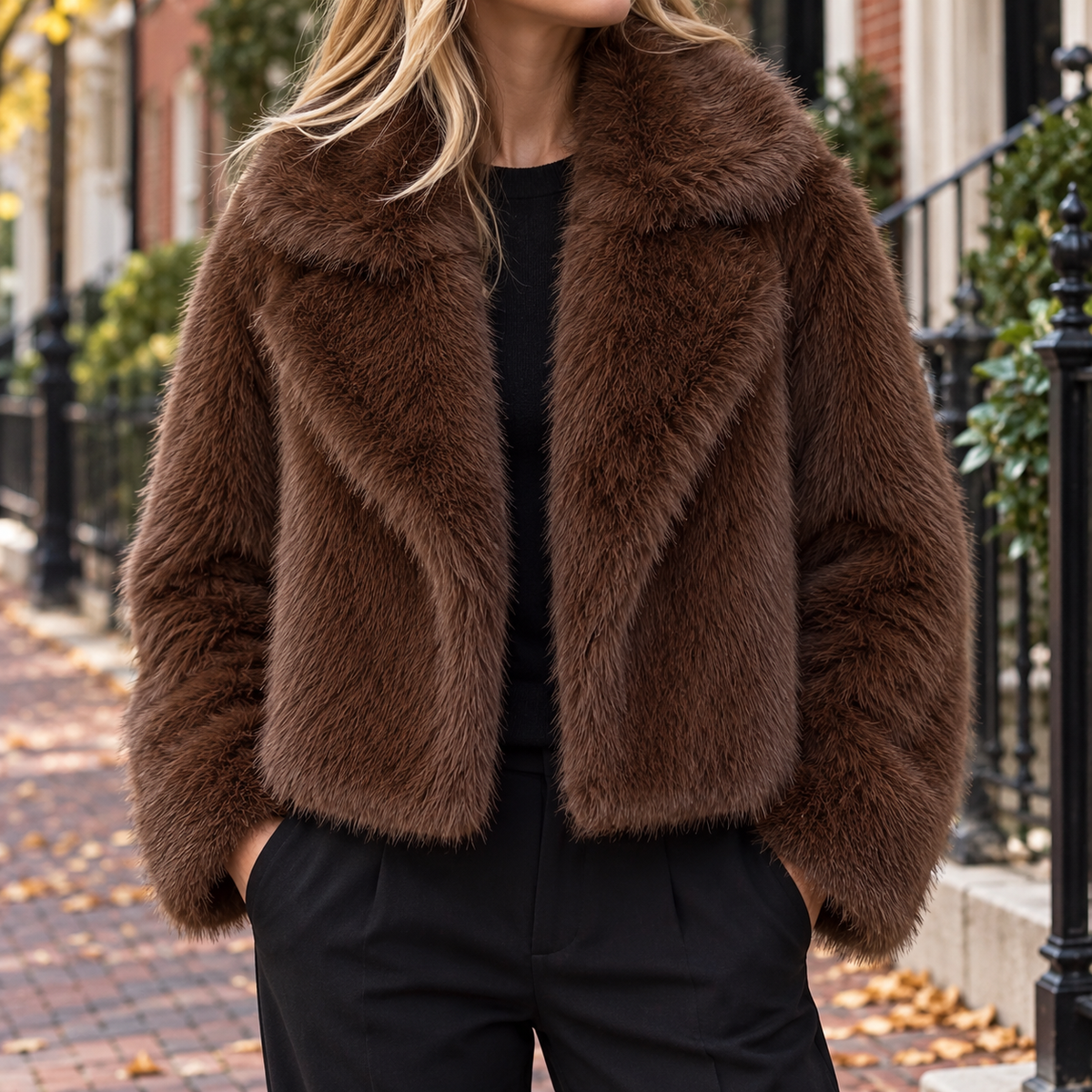 Brown faux fur jacket worn on a Washington DC street.