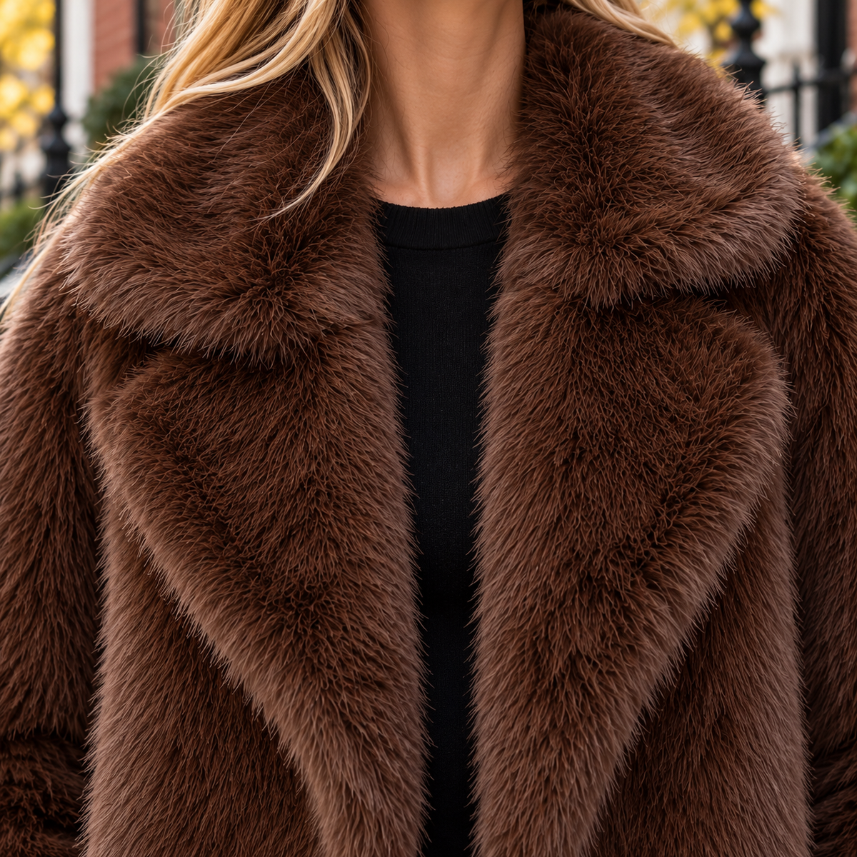 Close-up of the faux fur jacket showing the collar and plush textile texture.