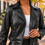 Close-up of the womens jacket collar, fabric and fastening.