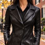 Close-up of the womens jacket collar, fabric and fastening.
