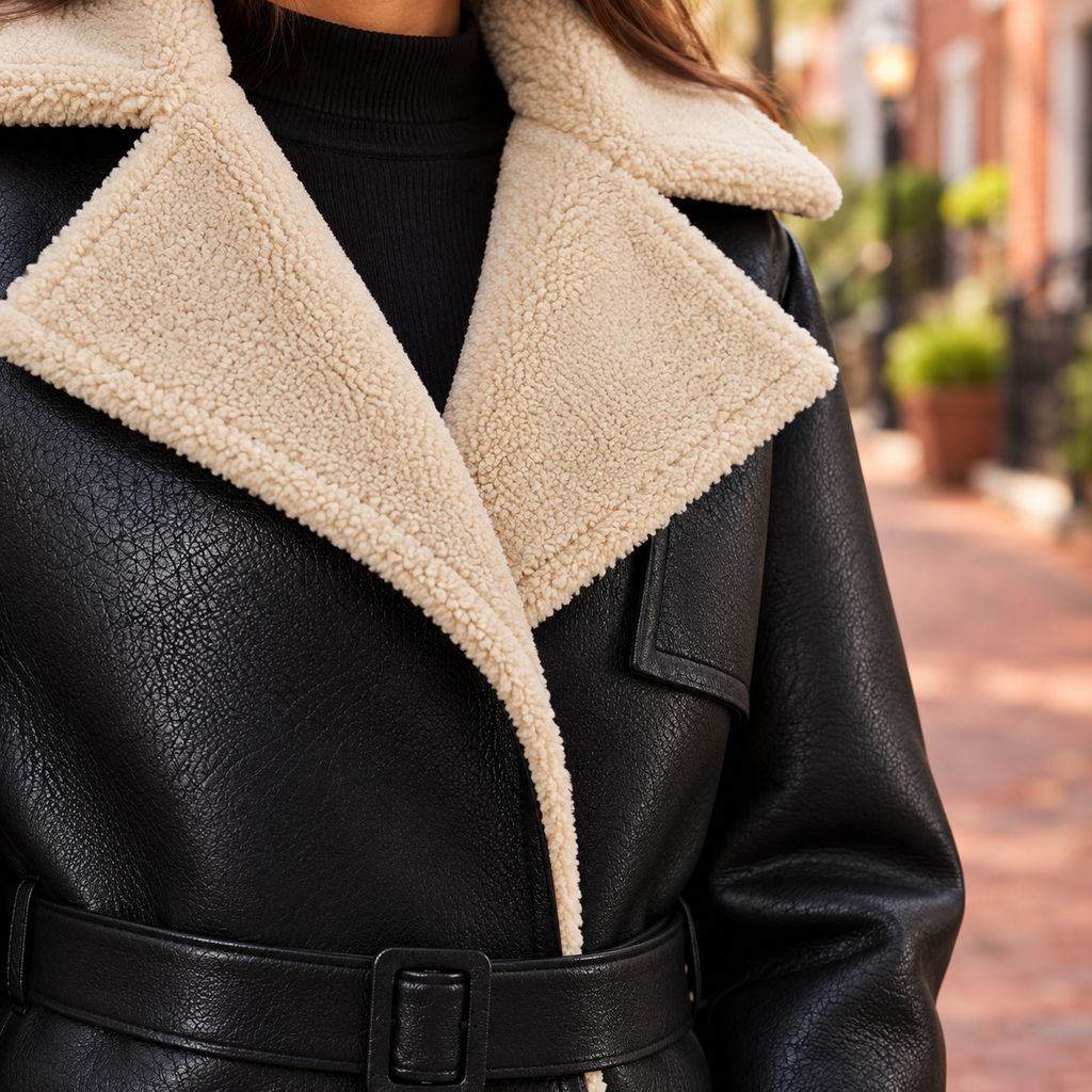 Close-up of womens faux leather flight jacket showing the collar, fastening and material texture.