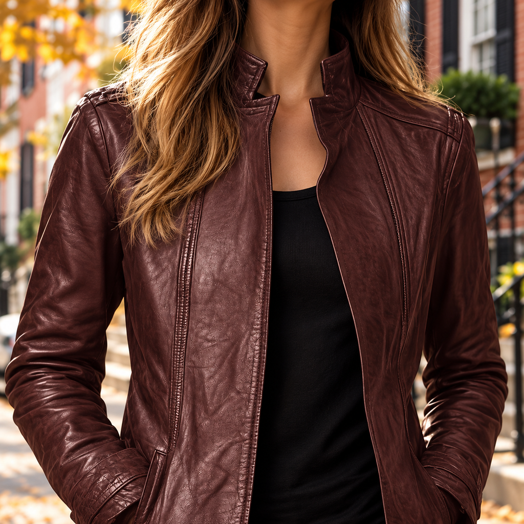 Close-up of the womens jacket collar, fabric and fastening.
