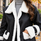 Close-up of the womens faux shearling coat collar and fabric texture.