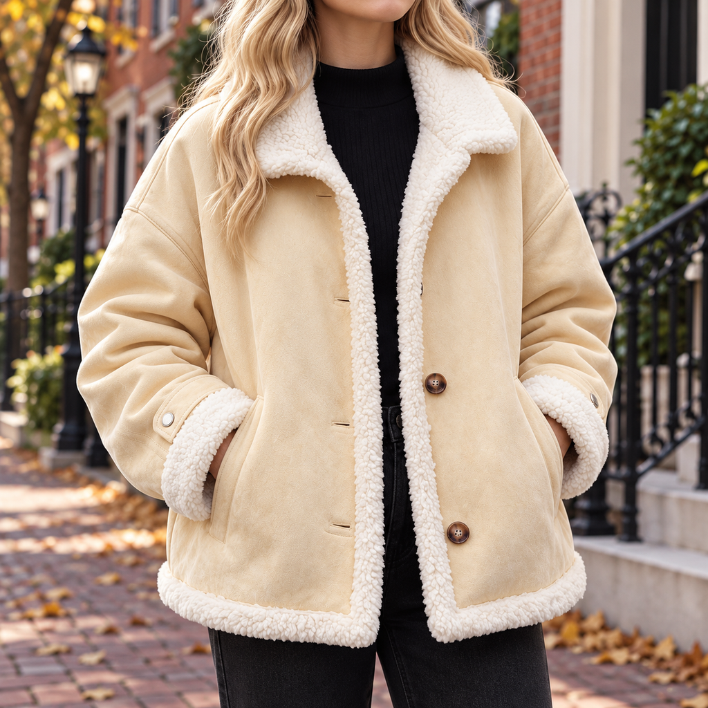 Apricot womens faux shearling jacket worn on a Washington DC street.