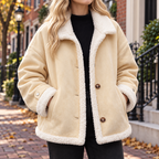 Apricot womens faux shearling jacket worn on a Washington DC street.