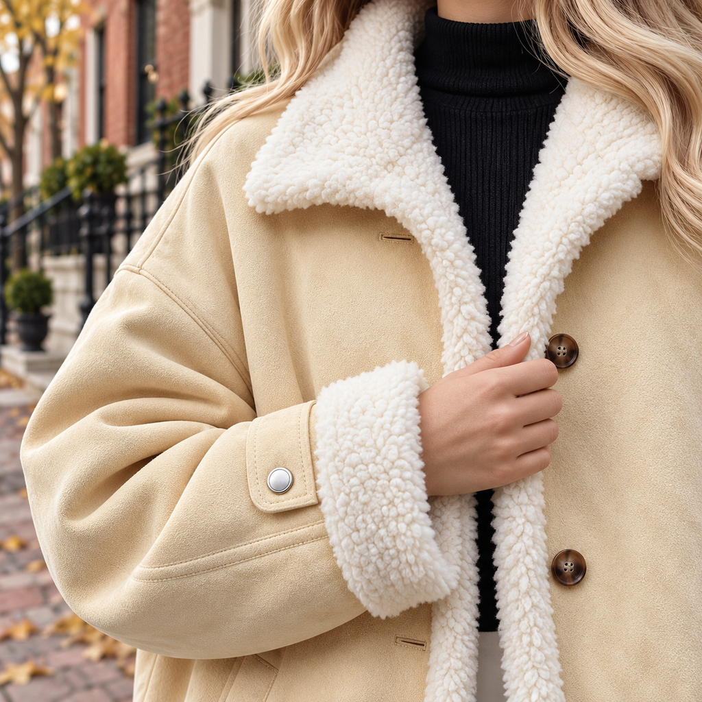 Close-up of the womens faux shearling jacket collar and fabric texture.