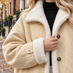 Close-up of the womens faux shearling jacket collar and fabric texture.