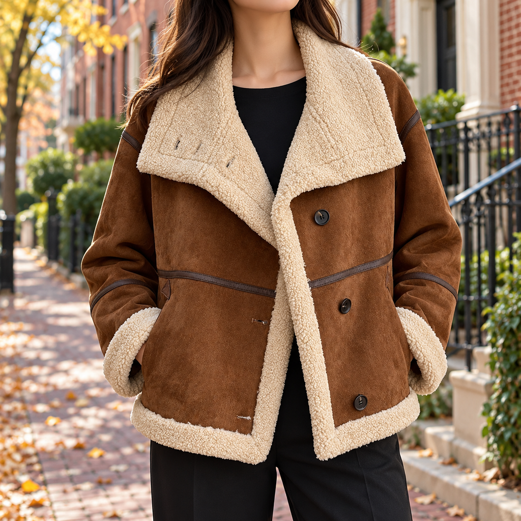 Brown womens faux shearling jacket worn on a Washington DC street.