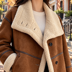 Close-up of the womens faux shearling jacket collar and fabric texture.