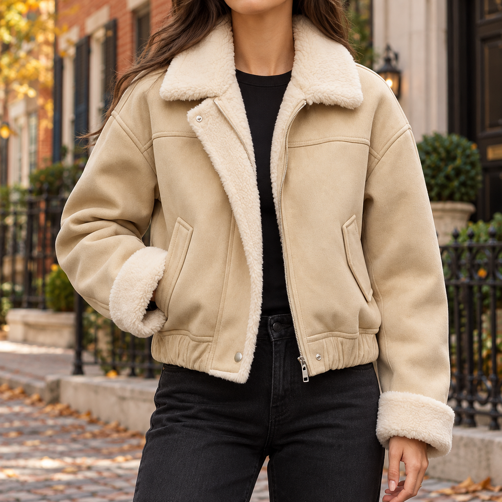 Apricot womens faux suede bomber jacket worn on a Washington DC street.