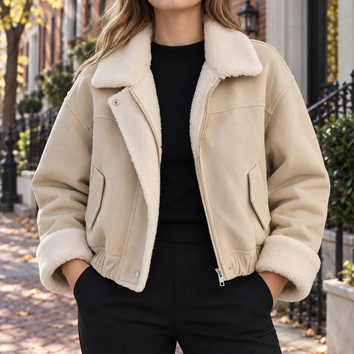 Apricot womens faux suede jacket worn on a Washington DC street.