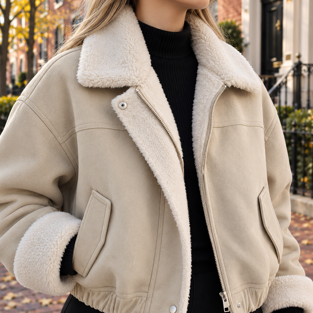Close-up of the womens faux suede jacket collar and fabric texture.