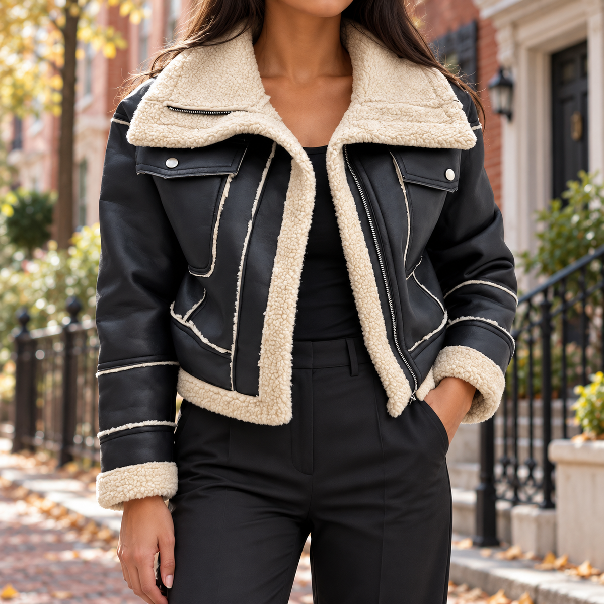 Black womens fleece lined biker jacket worn on a Washington DC street.