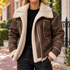 Brown womens fleece lined biker jacket worn on a Washington DC street.