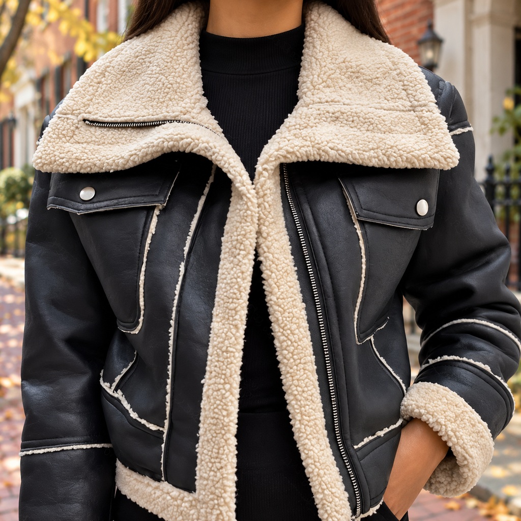 Close-up of the womens fleece lined biker jacket collar and fabric texture.