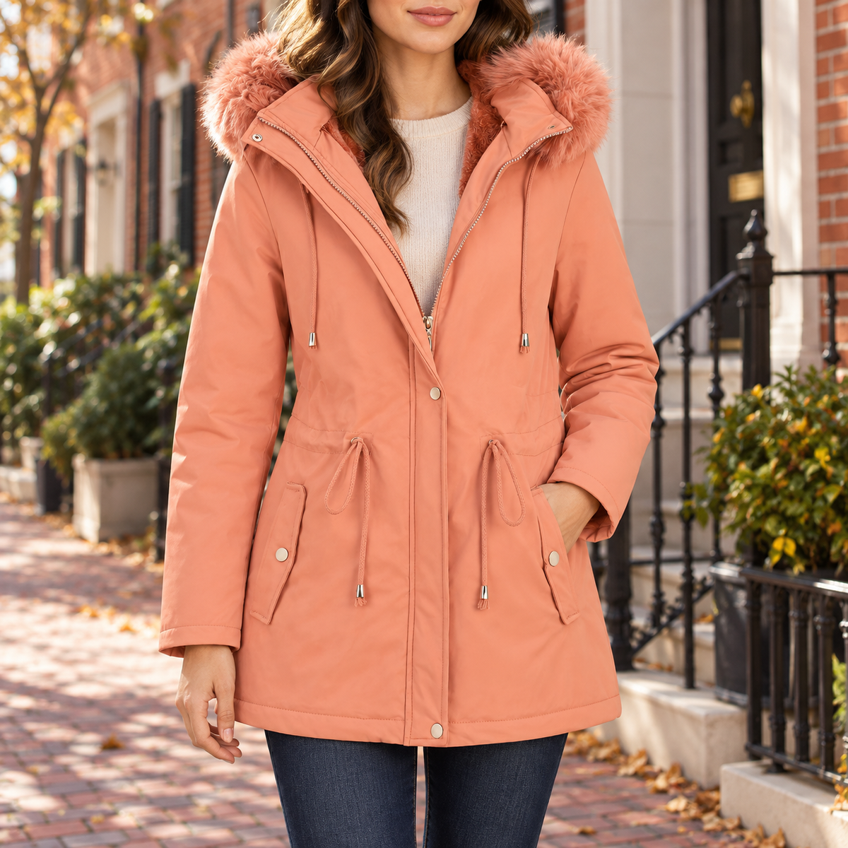Orange parka worn on a Washington DC street.