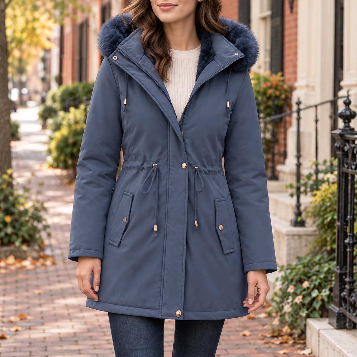 Navy parka worn on a Washington DC street.