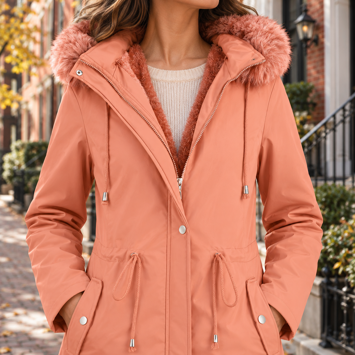 Close-up of the parka showing its hood lining and front fastening.