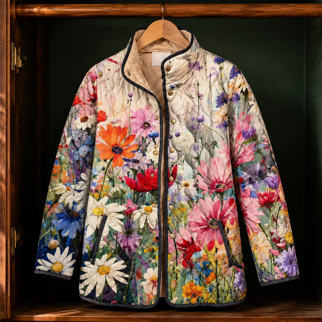 Multicolor floral quilted jacket with front fastening.