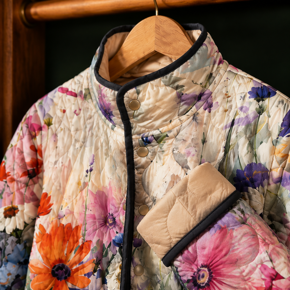 Detail view of the floral quilted jacket showing its print and stitching.